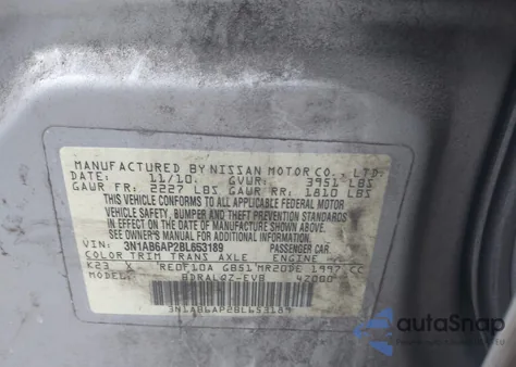 2011 Nissan Sentra 2.0 из США, поврежденный, VIN 3N1AB6AP2BL653189